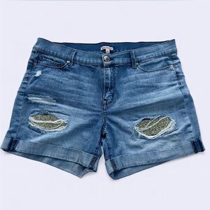 Juicy Couture high waisted denim shorts w gold glitter distressing